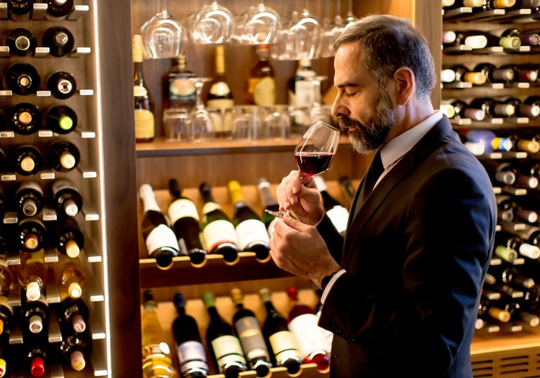 A man smelling wine from a glass near a cellar