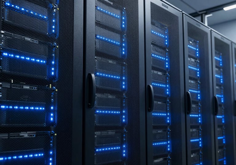 A sleek, high-tech server room background with glowing light blue lights, representing the robust infrastructure and technology behind our services.
