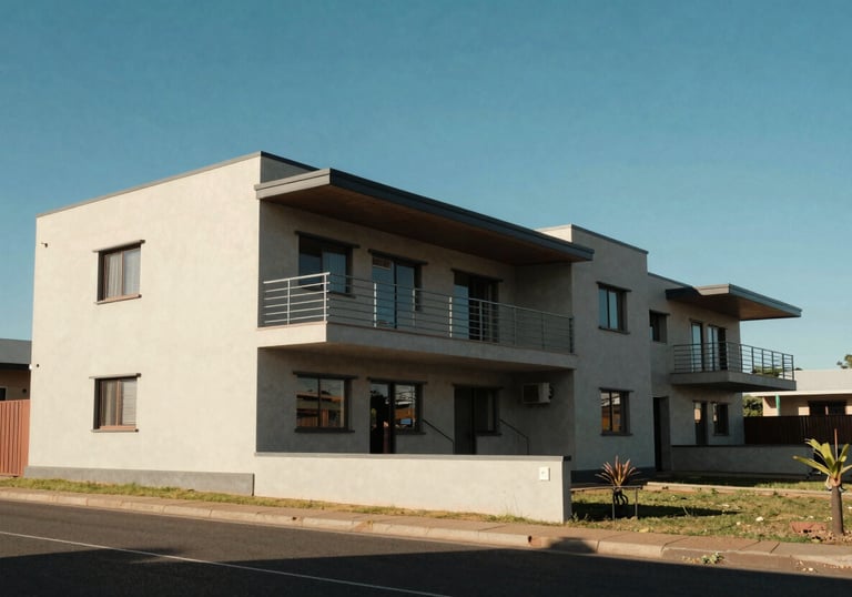 A modern South African community building with clean architecture under a clear blue sky, emphasizing a sense of community and infrastructure support.