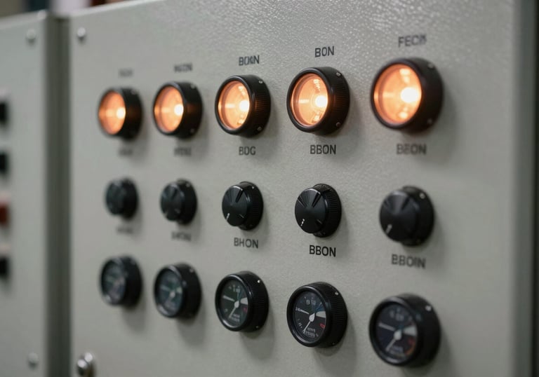 Close-up of a modern industrial control panel with glowing lights and precise dials, representing efficiency and advanced technology in the US.