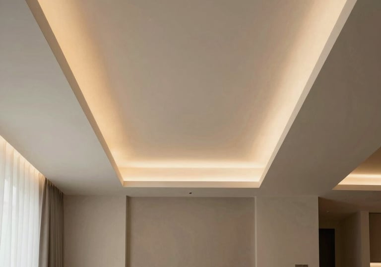 An elegant modern ceiling with multi-level drywall construction and integrated warm lighting strips in a refined Southern European dining room.