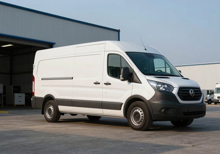 A wide photography shot of a professional logistics van parked outside a modern distribution warehouse in a North American industrial park during the day.