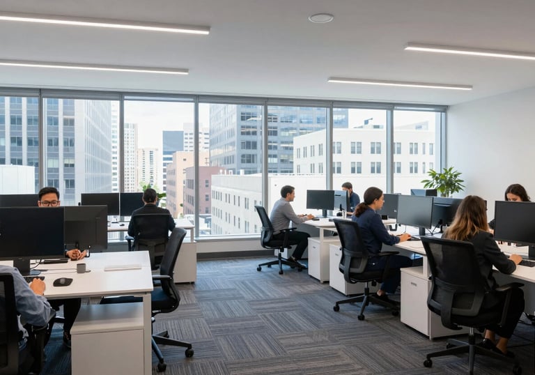 A wide shot of a bright, modern open-plan office in a North American city. Professionals are engaged in creative work, with large windows overlooking a city. Palette of Dark Blue and Near White.