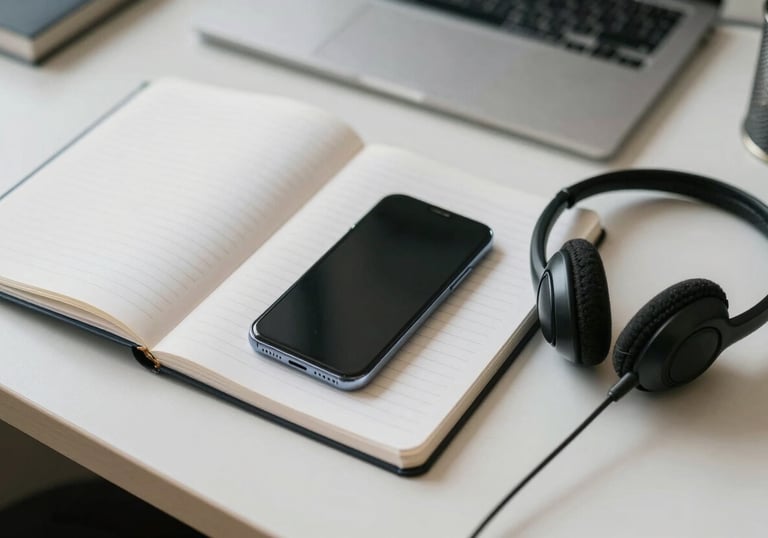 An overhead shot of a clean, organized office desk with a smartphone, notebook, and headset in a light-filled Brazilian workspace.