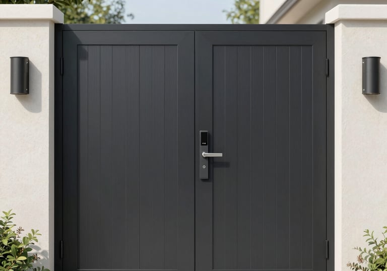 Close-up of a custom metal door with industrial design and welding details.