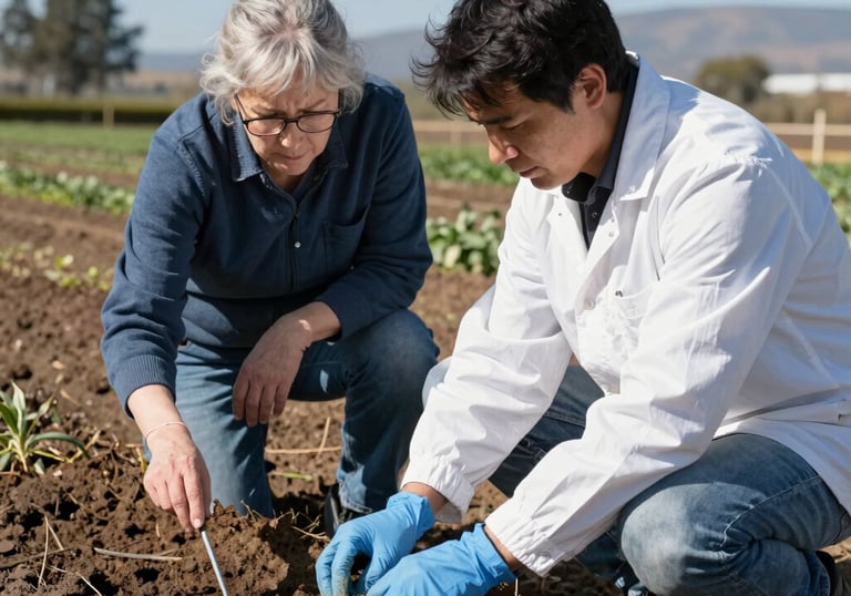 Agricultural technician analyzing soil samples in a laboratory setting with green fields outside.