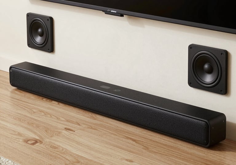 A modern home theater setup showcasing wall-mounted TV and speakers.