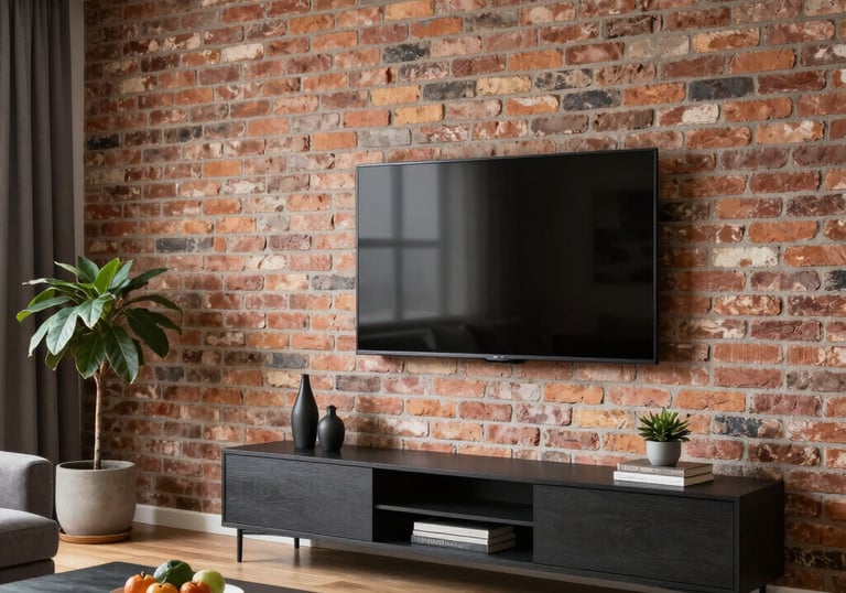 A technician carefully mounting a flat-screen TV on a living room wall.