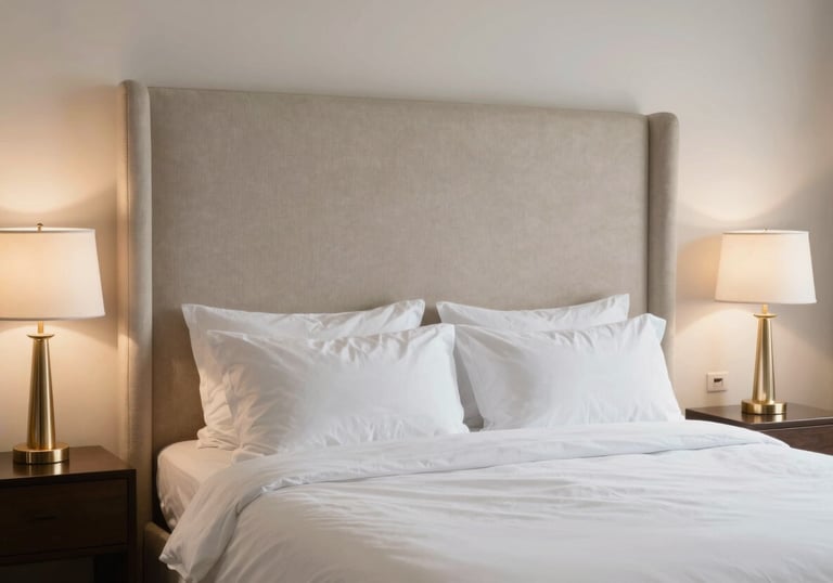 A bright, clean image of a master bedroom featuring a large upholstered headboard, crisp off-white linens, and gold-finished bedside lamps in a contemporary South Asian / Indian home.