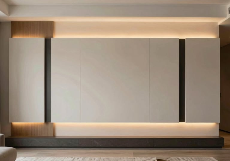 A professionally photographed living room with a focus on a feature wall with modern panels and warm hidden LED lighting. The style is minimalist and luxurious with South Asian / Indian decor accents.