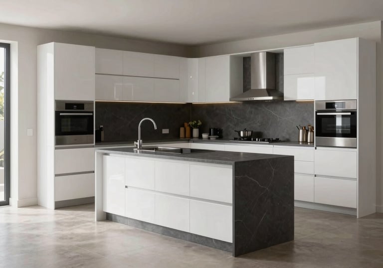 A luxury modular kitchen design with a center island, high-gloss white finishes, and premium charcoal grey accents, set within a spacious modern Indian apartment.