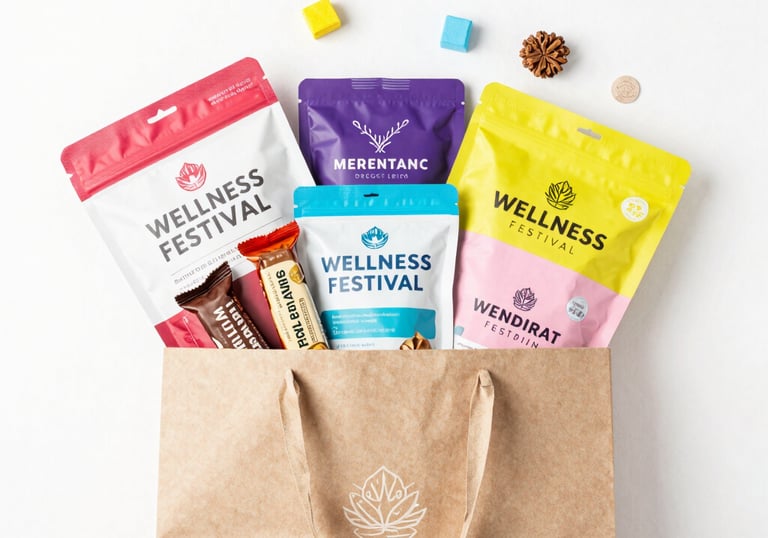 Vibrant vendor booth with wellness products displayed under a sunny canopy at Memory Mall.