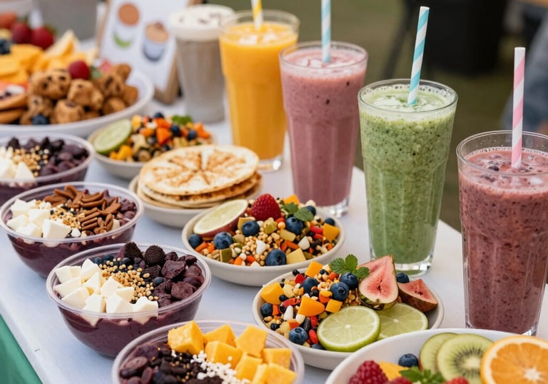 Vibrant vendor booth with wellness products displayed under a sunny canopy at Memory Mall.