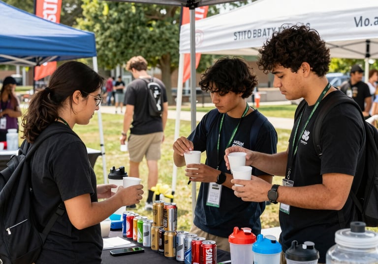 Students mingling happily around tables with wellness vendors at a sunny outdoor event.