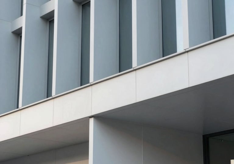 A minimalist, artistic shot of a modern architectural detail in a Western European tech hub, showcasing structural precision and professional elegance in light blue-grey and off-white.