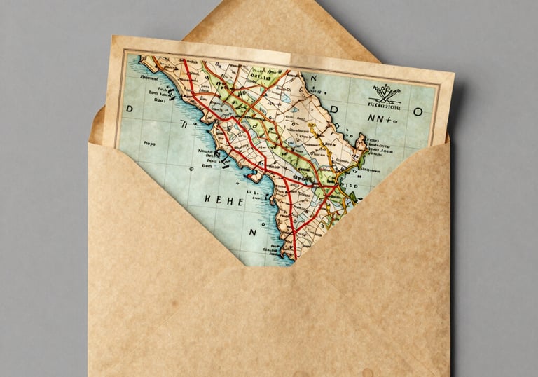 Elegant flat lay of travel itineraries, postcards, and a matte forest green journal on parchment.