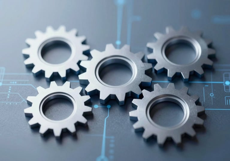 A symbolic image of gears and digital connections in shades of blue and silver, representing business intermediation and process optimization.