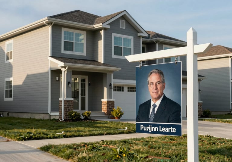 A modern residential home in a North American suburb with a professional real estate sign, shot in bright morning light.