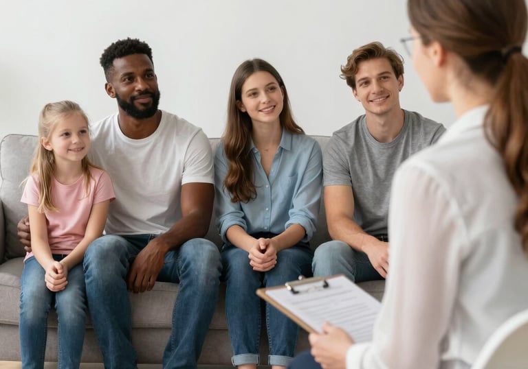 Diverse family sitting on a sofa during a group therapy session with two professional counselors.