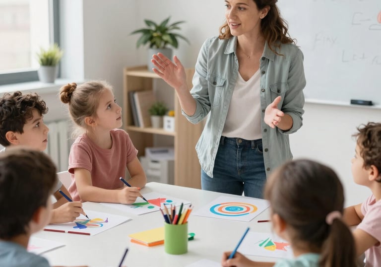 A warm, inviting therapy space filled with colorful toys and cushions.