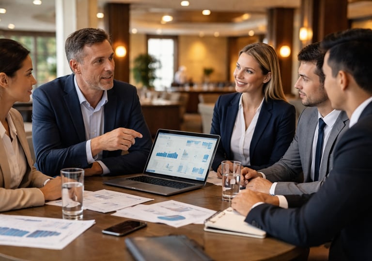 Hotel management team reviewing performance data during operations consulting session