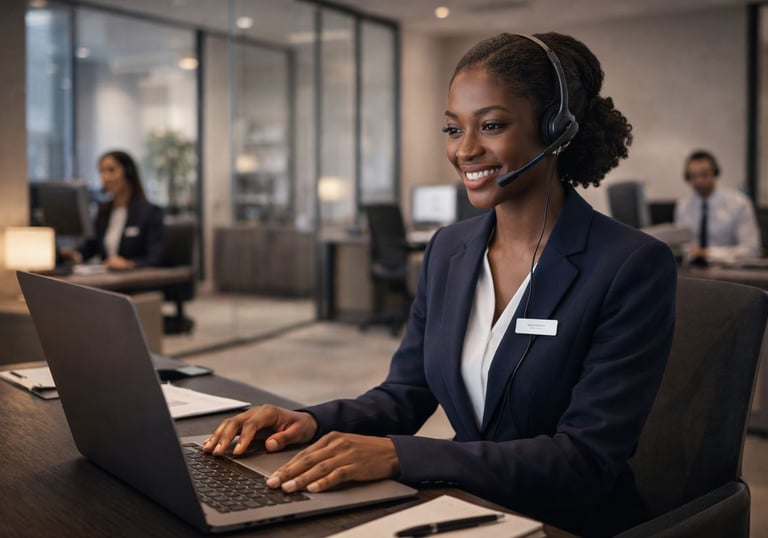 Young African female reservations agent with headset in hotel office