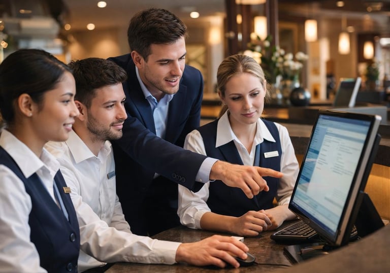 Hotel front office training session with a supervisor coaching reception staff on PMS