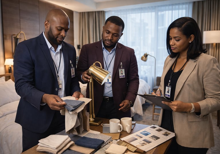 African hotel team reviewing furniture and materials during CAPEX and OS&E planning