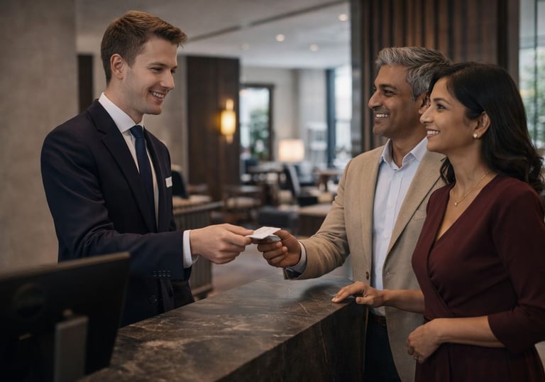 Hotel receptionist checking in guests at front desk
