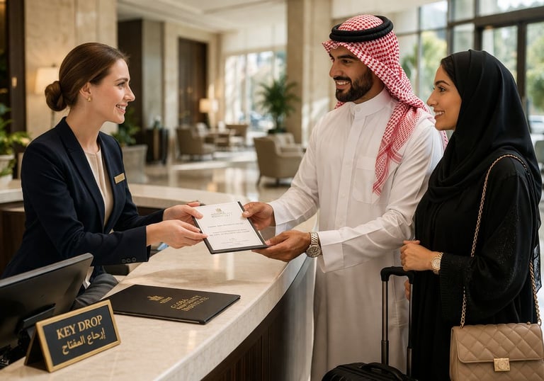 Hotel receptionist assisting guests during check-out
