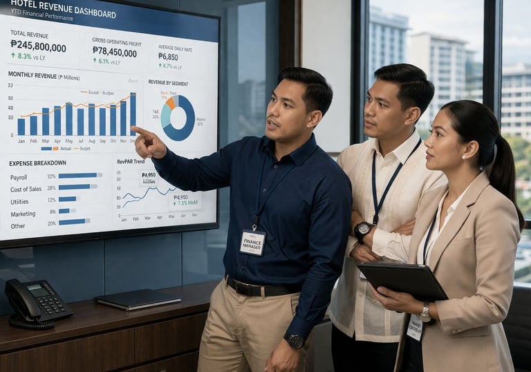 Filipino hotel management team reviewing financial performance on revenue dashboard