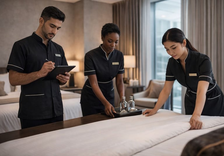 Hotel housekeeping team inspecting guest room cleanliness