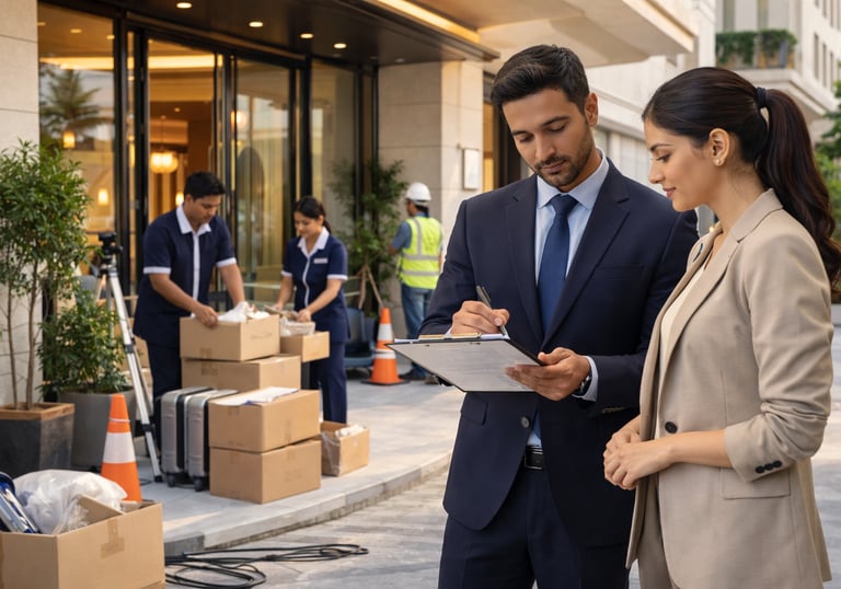 Indian hotel team reviewing setup outside hotel during pre-opening phase