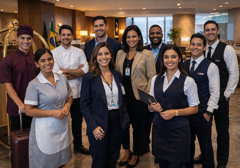 Brazilian hotel team representing multiple departments in hospitality operations