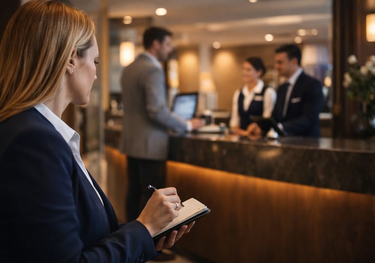 Mystery guest conducting hotel service audit by observing front desk interaction and taking notes