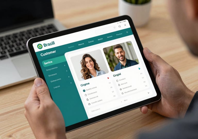 A sleek tablet displaying a customer service dashboard with teal interface elements, held by hands in a professional Brazilian business setting.