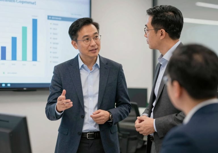 A sleek workspace with a laptop displaying financial graphs and reports.