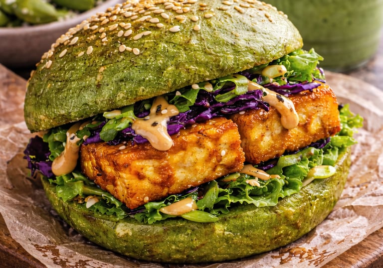 crispy tofu burger on green matcha bun