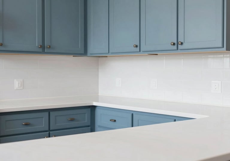 A bright, sparkling clean kitchen in a North American / US house with slate blue cabinetry and frost white countertops, showing zero pests.