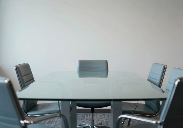A minimalist meeting room in a North American / US agency, featuring a glass table and chairs with subtle Pale Sky Blue light reflections.