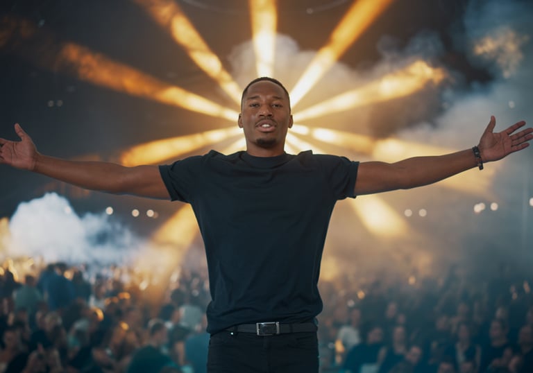 a man with his arms open and arms wide open, with a crowd of people