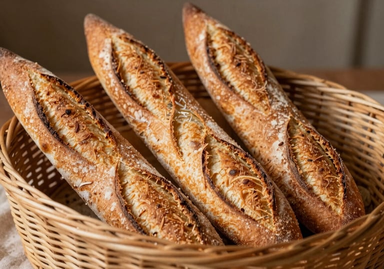 Still life photography of several French baguettes in a wicker basket. The crust is deeply golden and scored beautifully. European / French bakery morning lighting with warm tan and brown hues.