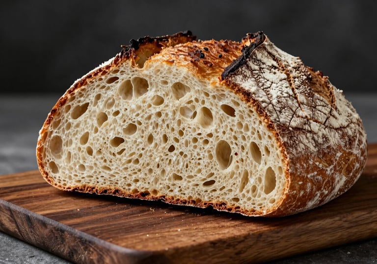 A round loaf of rustic sourdough bread sliced on a dark brown wooden board. The interior shows a perfect open crumb. Soft lighting accentuating the floury crust and artisanal quality. European / French context.