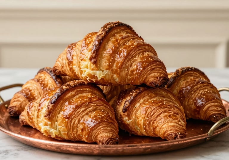 Detailed photography of golden-brown French croissants stacked on a copper tray. The pastry shows intricate, crispy layers and a buttery sheen. Warm, natural lighting in a sophisticated European French bakery setting with a cream background.
