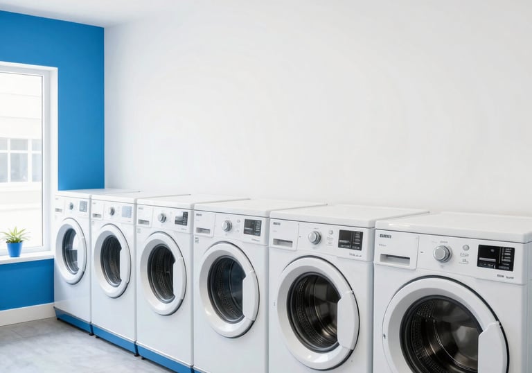 Bright, clean self-service laundry area with washing machines and folding tables.