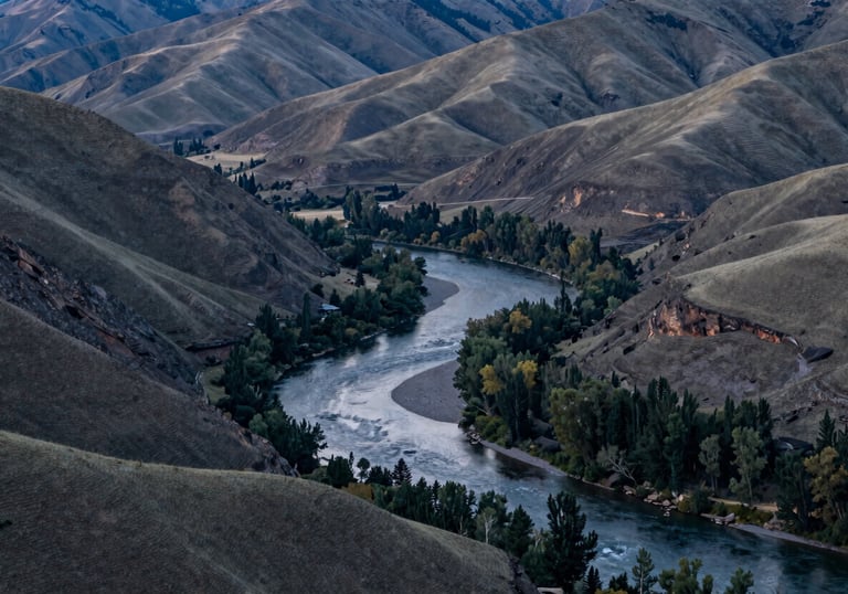 A wide landscape view of the Deschutes River winding through a North American / US valley at dusk, with muted sage hills and a dark forest green tree line.