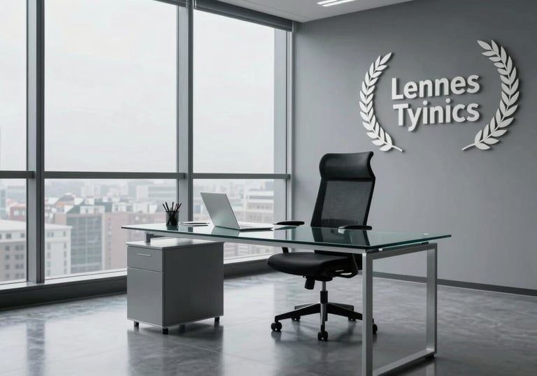 A clean, modern office interior with large windows, featuring a single ergonomic chair and a glass desk, reflecting a cool gray palette.