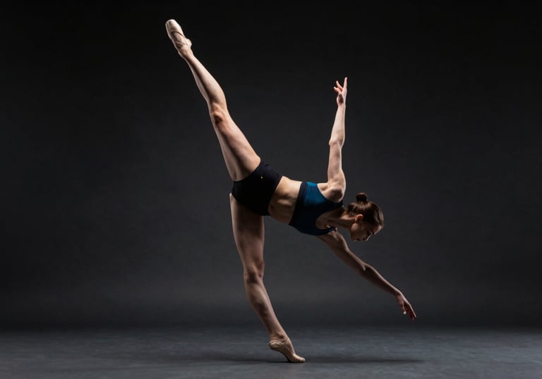 A professional contemporary dancer in a high-speed pirouette, captured with precision in a dark studio. Electric cyan light highlights the biomechanical alignment of the body. North American / International.