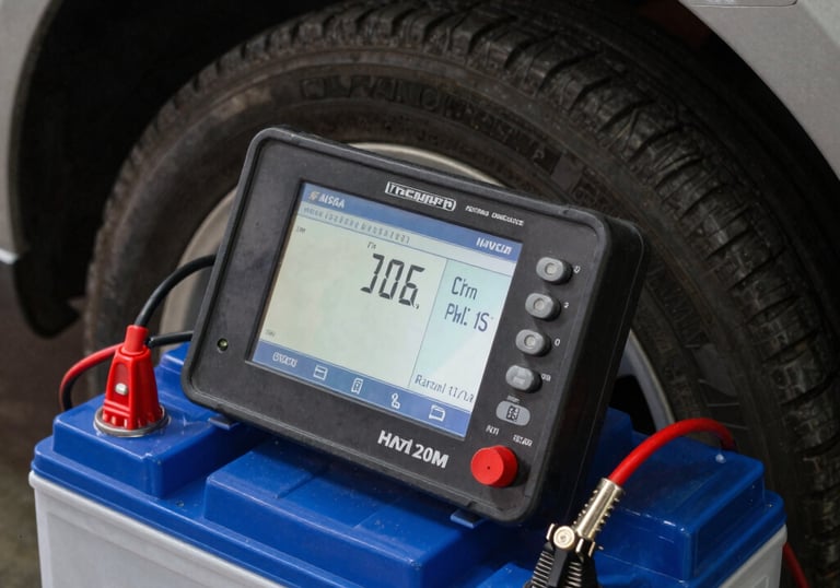 Close up of a car battery being tested with modern electronic equipment in a South American / Brazilian repair shop. Sharp focus on the digital screen and blue battery casing.