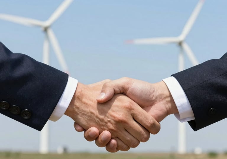 A close-up of a handshake between two professionals with wind turbines blurred in the background, symbol of trust and partnership.